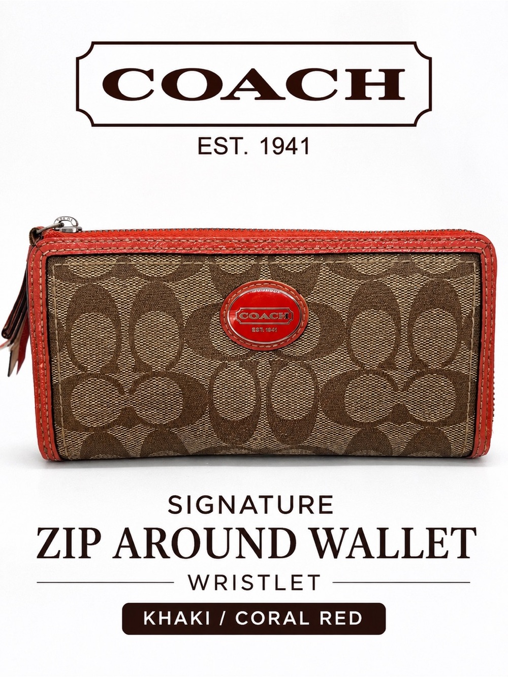 Coach Signature Zip Around Wallet Khaki Coral Red Canvas Leather Wristlet